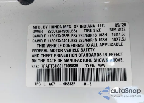 2020 Honda Cr-V Hybrid Ex-L из США, поврежденный, VIN 7FART6H80LE005835